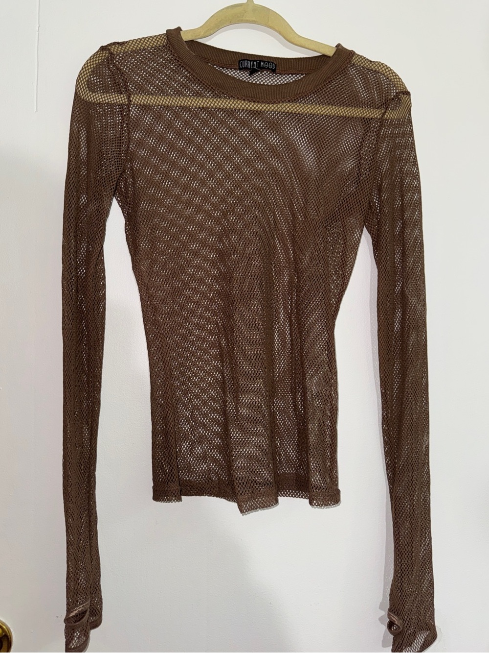 Current Mood Brown Sheer Mesh Long Sleeve Top WITH THUMB HOLES